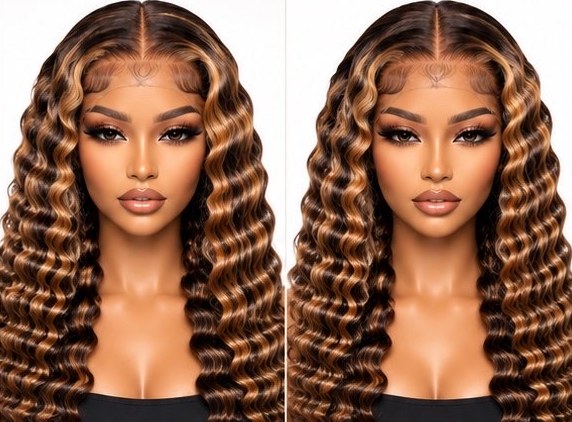 Two models wearing the highlighted deep wave lace frontal wig